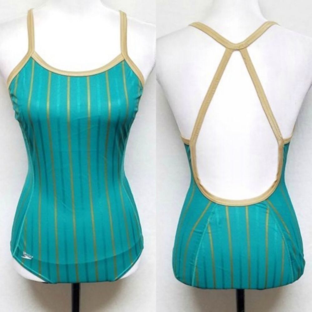 VINTAGE Speedo Classic Green Gold Striped Swimsuit